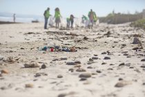 Voluntários limpando lixo na praia ensolarada e arenosa — Fotografia de Stock
