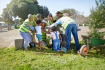 Voluntários comunitários plantando árvores no parque ensolarado — Fotografia de Stock