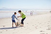 Мать и сын добровольцы убирают мусор на солнечном песчаном пляже — стоковое фото
