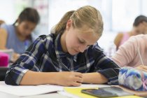 Фокусований молодший школяр робить домашнє завдання в класі — стокове фото