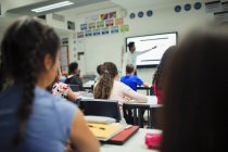 Estudantes do ensino médio júnior assistindo professor dar aula na tela de projeção em sala de aula — Fotografia de Stock