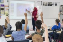 Жінка-вчителька в хіджабі викладає урок на проекційному екрані в класі — стокове фото