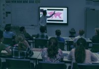 Estudiantes viendo al profesor de geografía en la pantalla de proyección en el aula oscura - foto de stock