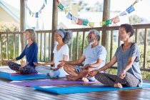Gente serena meditando en la cabaña durante el retiro de yoga - foto de stock