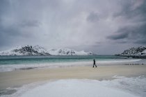 Woman walking on cold, snowy beach, Lofoten Islands, Noruega — Fotografia de Stock