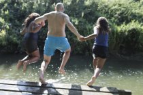 Verspielte Familie springt in sonnigen Fluss — Stockfoto