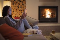 Молода жінка з собаками використовує цифровий планшет на дивані у вітальні — стокове фото