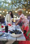 Mussels on dinner garden party table — Stock Photo