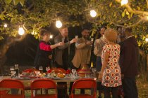Amici che festeggiano, brindando champagne a cena festa in giardino — Foto stock