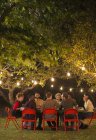 Друзья наслаждаются ужином в саду под деревьями с волшебными огнями — стоковое фото