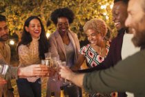 Amici felici che festeggiano, brindando champagne a cena festa in giardino — Foto stock