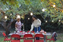 Femmes amis table de réglage pour dîner garden party — Photo de stock