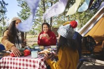 Familie isst am Picknicktisch auf dem Campingplatz — Stockfoto