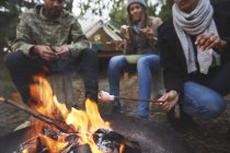 Family roasting marshmallows at campsite campfire — Stock Photo