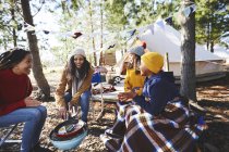 Lesbisches Paar und Kinder kochen Frühstück auf dem Campingplatz Grill im Wald — Stockfoto
