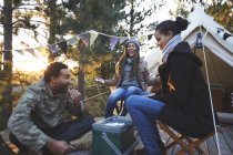 Amigos felices jugando a las cartas en el camping en el bosque - foto de stock