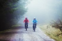 Padre e hijo ciclismo de montaña en el bosque - foto de stock