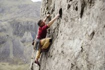 Escalador masculino enfocado escalando la cara de roca - foto de stock