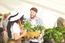 Couple with crate of vegetables in farmers market — Stock Photo