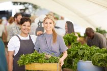 Retrato sorrindo mulheres trabalhadoras com caixa de legumes no mercado de agricultores — Fotografia de Stock