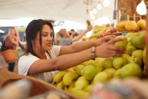 Woman working, arranging pears at farmers market — Stock Photo