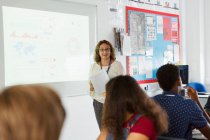 Professora do ensino médio do sexo feminino na tela de projeção em sala de aula — Fotografia de Stock
