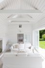 White wood shiplap a-frame home showcase living room — Stock Photo