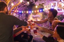 Amici felici brindare bicchieri di birra alla festa in giardino — Foto stock