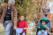 Abuelos con nietos en el parque de otoño - foto de stock