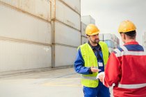 Dock workers talking near cargo containers at sunny shipyard — Stock Photo