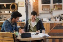 Young male college students studying in cafe — Stock Photo