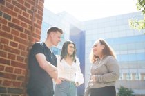 Estudiantes universitarios hablando fuera del soleado edificio - foto de stock