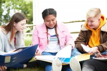 Young female college students studying in park — Stock Photo