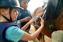 Girls adjust stirrups preparing for horseback riding — Stock Photo