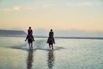 Молоді жінки верхи на конях в океані серфінгу — стокове фото