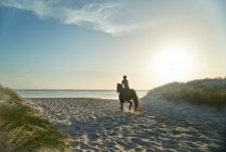 Junge Frau reitet am idyllischen Sonnenstrand am Meer — Stockfoto