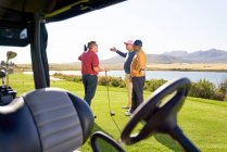 Amigos masculinos hablando al aire libre carrito de golf en campo de golf soleado - foto de stock
