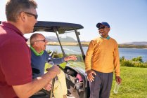 Male golfer friends talking and laughing at golf cart — Stock Photo