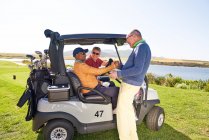 Чоловічі друзі-гольфи розмовляють на візку для гольфу на сонячному полі для гольфу — стокове фото