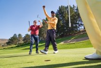 Щасливі чоловіки-гольфи вітають на сонячній посадці зеленого кольору — стокове фото