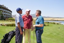 Счастливые друзья-гольфисты разговаривают на солнечном поле для гольфа — стоковое фото