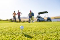 Pallina da golf su tee al tee box soleggiato — Foto stock