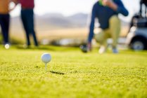 Bola de golfe no tee na grama na caixa de tee ensolarada — Fotografia de Stock