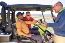 Hombres golfistas hablando en el soleado carrito de golf - foto de stock