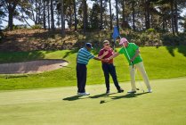 Golfeurs masculins serrant la main sur le terrain de golf ensoleillé mettre vert — Photo de stock