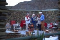 Щасливі старші друзі п'ють вино в готельному дворику вогняної ями — стокове фото