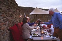 Glückliche Senioren stoßen auf Restaurantterrasse mit Weingläsern an — Stockfoto