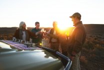 Safari-Reisegruppe stößt bei Sonnenuntergang auf Sektgläser an — Stockfoto