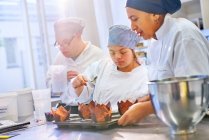 Chef and young woman with Down Syndrome baking muffins — Stock Photo