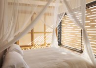 Bianco garza tende sul letto a baldacchino in tranquillo moderno, casa di lusso vetrina camera da letto interna — Foto stock